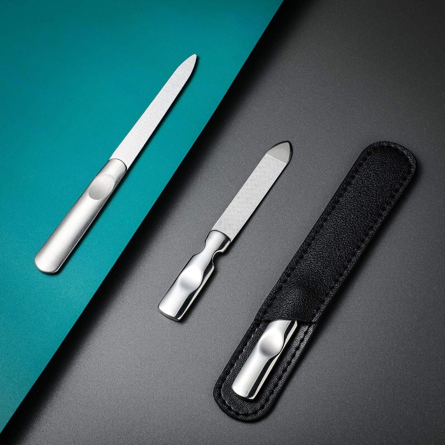 3 Pcs Stainless Steel Nail Files Kit with Leather Case, Double Sided Metal Nail Files with Anti-Slip Handle for Women and Men, Metal File Buffer Manicure Pedicure Tools for Fingernail Toenail(Black)