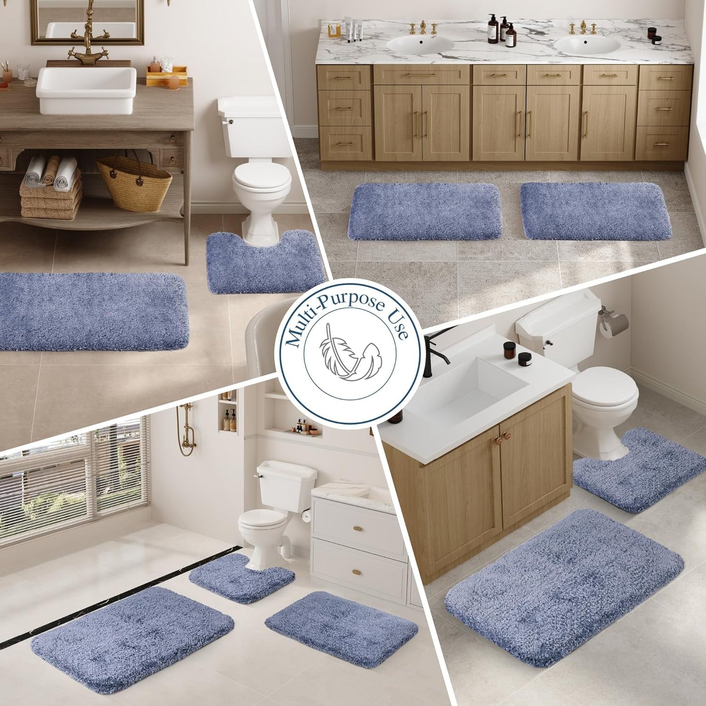 Walensee Non Slip Bath Mat (16 x 24, Blue) - Soft Microfiber Shaggy, Water Absorbent, Machine Washable, Thick Plush Shower Rug