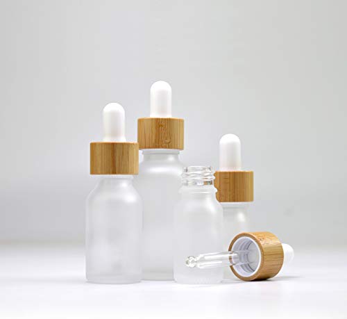 4 Pcs Bamboo Frosted Glass Eye Dropper Bottle,Empty Essential Oil Bottles With Pure Glass Pipettes,Bamboo Cap Makeup Travel Cosmetic Sample Container-Pipette&Funnel included (15ml/0.5 Ounce)