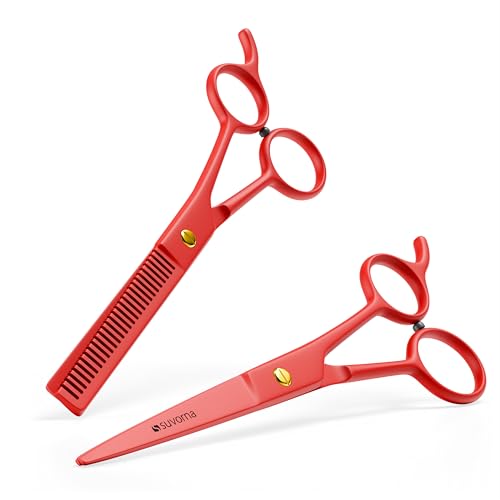 Suvorna 6.5" Professional Hair Scissors Set with Thinning Shears for Hair Dressers, Barbers and Professionals - Extremely Sharp Hair Cutting Scissors Set for Thinning and Layering (Red)