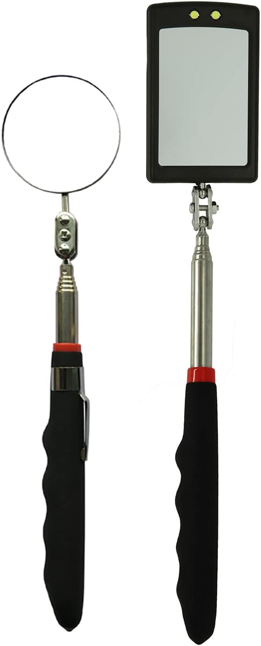 Telescopic Inspection 360 ° Mirror Kit with Light - Rectangular & Round extendable Mirrors ，Inspection Light- 34" Extended - 2 Pack