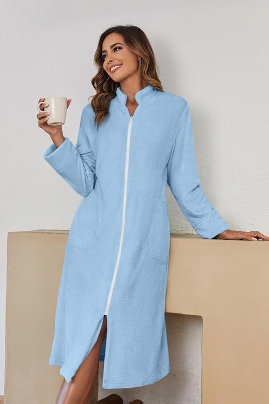 Ekouaer Women's Zip Up Robe Fleece Bathrobe Long Zipper Lounger Warm Housecoat Long Sleeve Nightgown with Pockets S-XXL