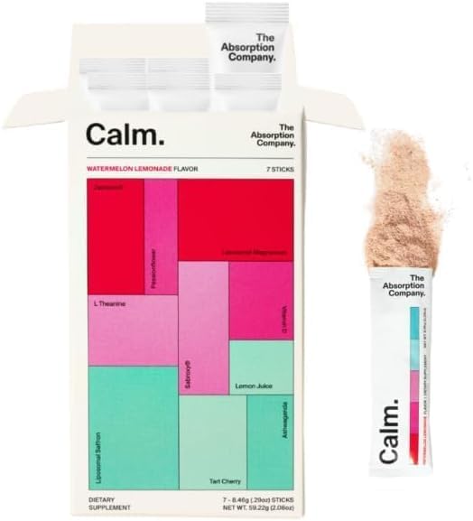Calm Drink Mix - Relaxation Aid with Magnesium, Ashwagandha, L-Theanine, & Vitamin D - Supports Cortisol Regulation and Mood for Men & Women - Watermelon Lemonade Flavor 7 Sticks