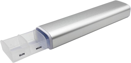 EZY DOSE Slide Pill Organizer, Stylish Medication Storage Case with Durable BPA-Free Plastic with Aluminum Exterior, Large 7-Day Weekly Compartments, Tablets, Vitamins, Compact, 9-Inch, Gray