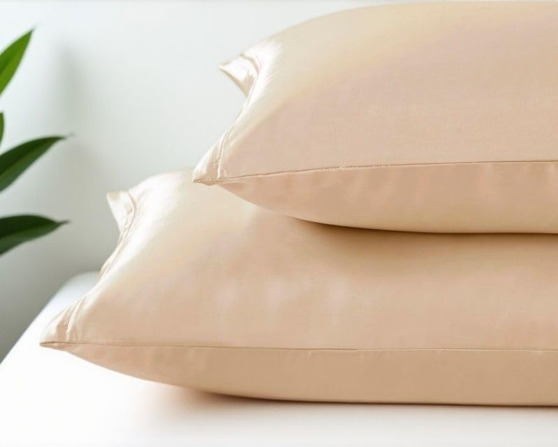 Juwenin Bedding,Luxury Satin Pillowcase with Zipper (Silky Satin Pillow Case for Hair) Set of 2 (Beige, Queen(20''x29''))