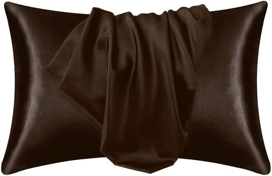 Juwenin Bedding,Super Soft and Luxury Silky Satin Pillowcase with Zipper (Silky Satin Pillow Case for Hair) Set of 2 (Coffee, Standard(20''x26''))