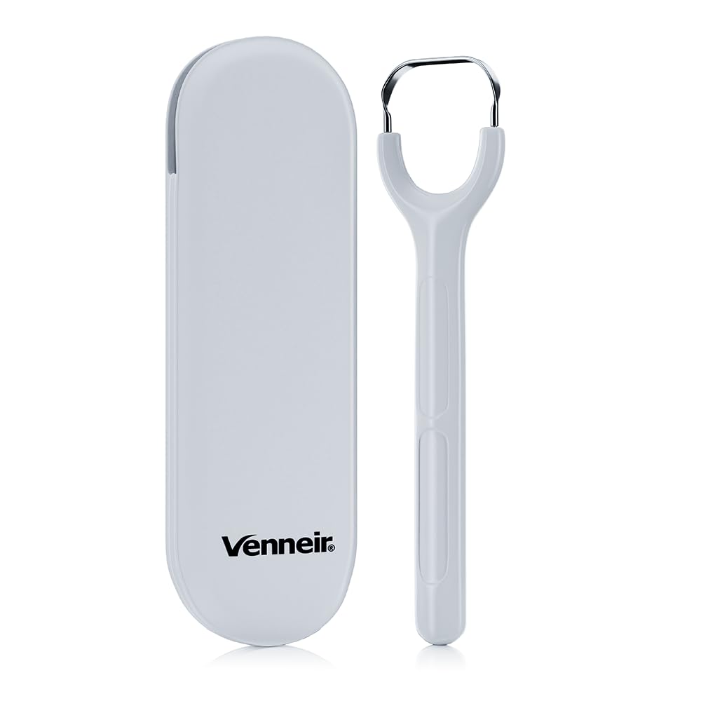 Venneir® Tongue Scraper with Travel Case, Oral Glide Pro–Bad Breath Treatment, Medical-Grade Stainless Steel– for Adults & Kids. 100% Rustproof, Sleek & Effective Design (Slate White)