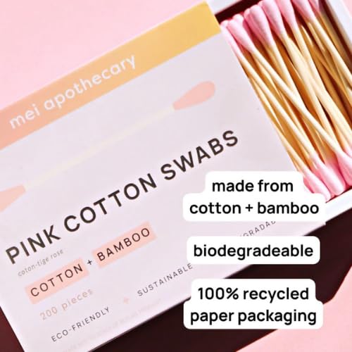 Mei Apothecary Premium Biodegradable Bamboo Cotton Swabs, Double-Tip Makeup Remover & Multi-Use Pink Cotton Buds, Pack of Multiple Pieces