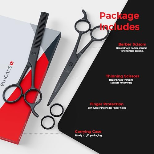 Suvorna 6.5" Professional Hair Scissors Set with Thinning Shears for Hair Dressers, Barbers and Professionals - Extremely Sharp Hair Cutting Scissors Set for Thinning, Layering and Cutting (Black)