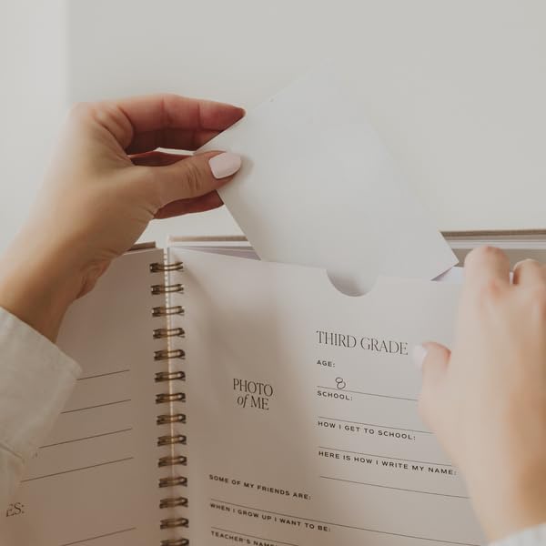 Sweet Water Decor Kid's Keepsake Memory Journal, Cute Prompted Entry Notebook for Moms and Parents, 14 White Craft Envelopes for Capturing Memories, Tan Fabric Spiral Bound Diary with Gold Foil Detail