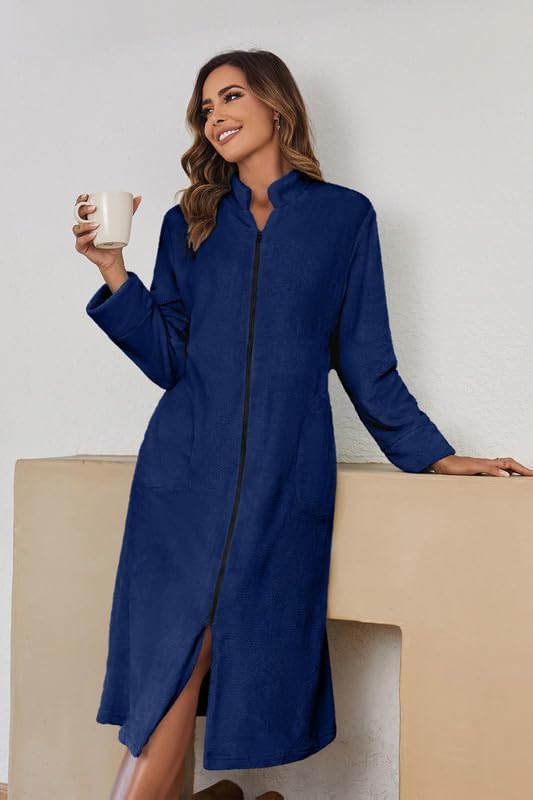 Ekouaer Women's Zip Up Robe Fleece Bathrobe Long Zipper Lounger Warm Housecoat Long Sleeve Nightgown with Pockets S-XXL