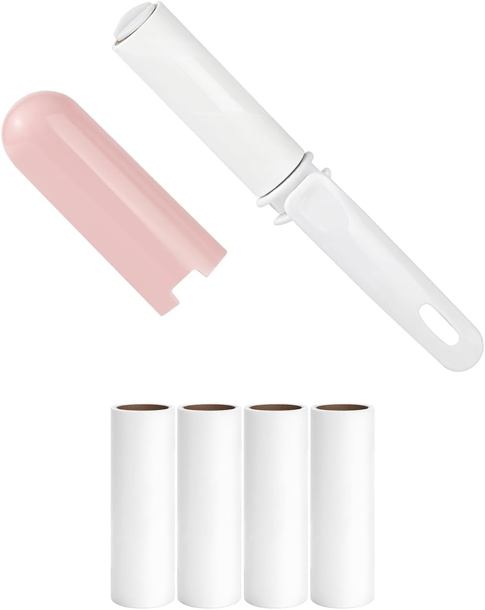 Mini Travel Lint Roller with Cover and 4 Refills Total 150 Sticky Sheets Compact Lint Roller for Purse Pocket Travel Essentials for Clothes Cute Pet Hair Pickup Roller (Pink)