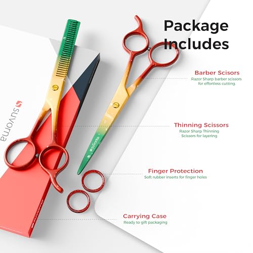 Suvorna 6.5" Professional Hair Scissors Set with Thinning Shears for Hair Dressers, Barbers and Professionals - Sharp Hair Cutting Scissors Set for Thinning, Layering and Cutting (Red Yellow & Green)