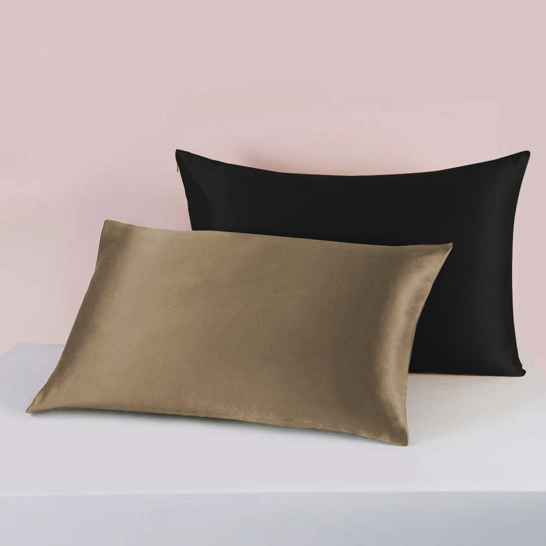 25 Momme Premium Mulberry Silk Pillowcase for Hair and Skin | Handcrafted Hypoallergenic & Anti-Acne Silk Pillow Cases with Zipper | Standard - 20" x 26", Chocolate