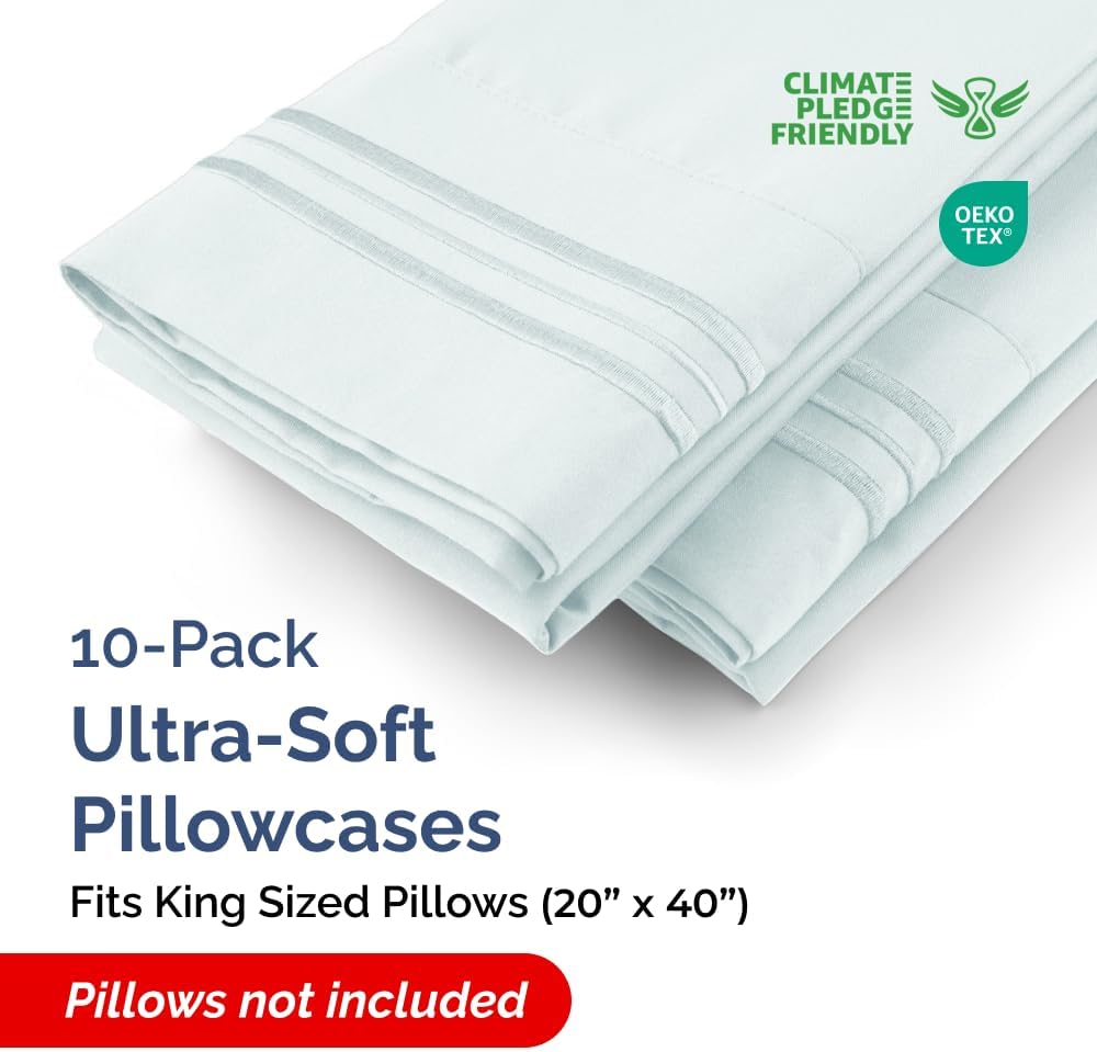 King Pillow Cases Set of 10 - Ultra Soft Hotel Quality Pillowcase Covers - Comfy & Wrinkle Free - Shrink, Stain & Fade Resistant - Easy-Care, Machine Washable Pillow Protectors - 10 Pcs Set - Ice Blue