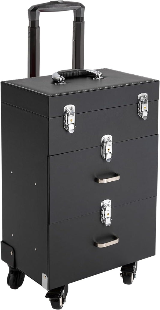 44.09lbs Lockable Makeup Train Case,Rolling Hairdressing Trolley,Beauty Salon Cosmetic Luggage with Universal Wheels for Hair Stylist,Make-up Artists (Black 6)