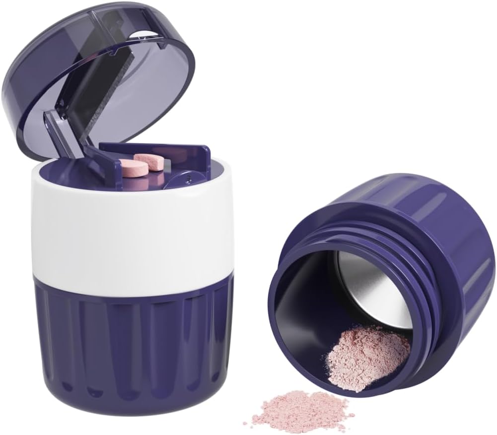 EZY DOSE Pill Crusher and Cutter 3-in-1, Crushes Cuts, and Stores Pills, Vitamins, Tablets, Built-In Storage Compartment, Features Stainless-Steel Blade, Portable and Travel-Friendly, Purple, BPA Free