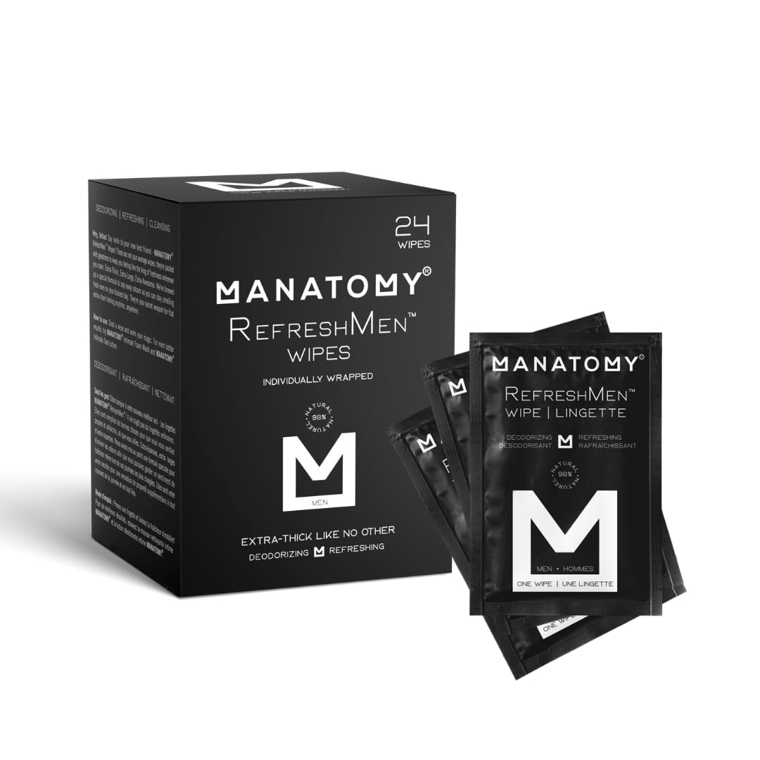 MANATOMY® RefreshMen Hygiene Wipes, On-the-Go Individually Wrapped, Refreshing and Hydrating Body Wipes with Aloe Vera & Chamomile, Extra-Thick & Large, Designed for Men, 24ct