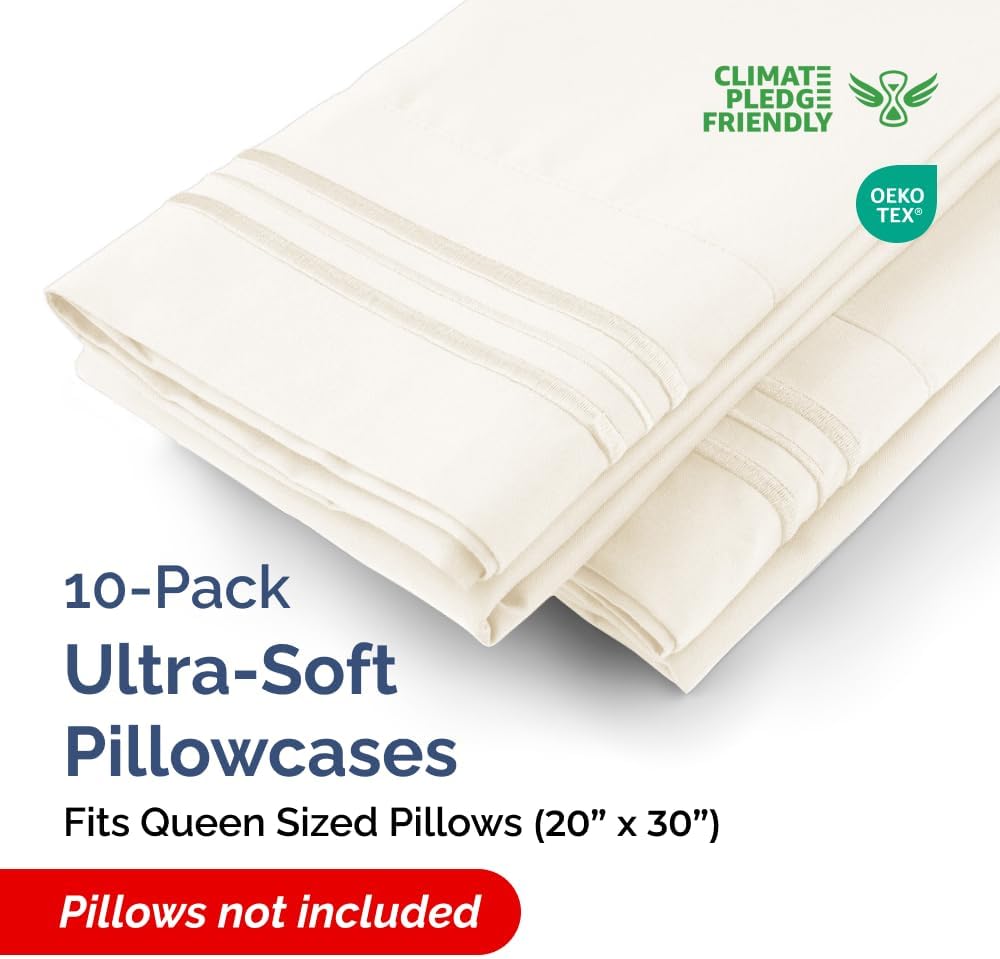 Queen Pillow Cases Set of 10 - Ultra Soft Hotel Quality Pillowcase Covers - Comfy, Cozy & Wrinkle Free - Shrink, Stain and Fade Resistant - Machine Washable Pillow Protectors - 10 Pcs Set - Off White