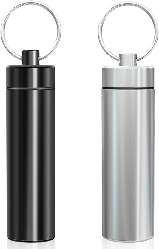 Minisland Large Portable Metal Aluminum Toothpick Holders Keychain Pocket Outdoor Travel Small Q-Tips Pill Containers Waterproof Dia.23mm Silver and Black Set -MSL144