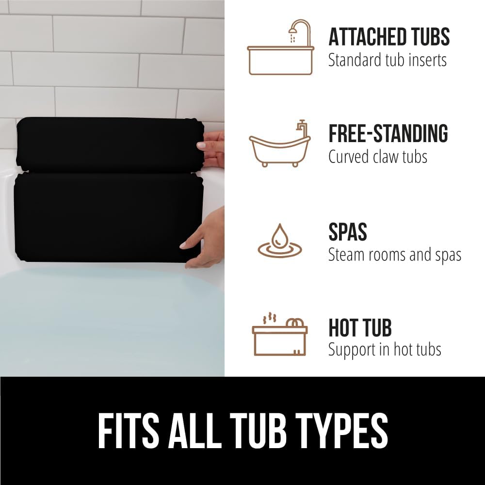 GORILLA GRIP Bath Pillow for Tub, Improved Suction Cups, Luxury Bathtub Pillows, Headrest for Neck and Back Support, Relaxing Home Spa, Hot Tubs and Bathroom Essentials, Gifts for Women, 2 Panel Black