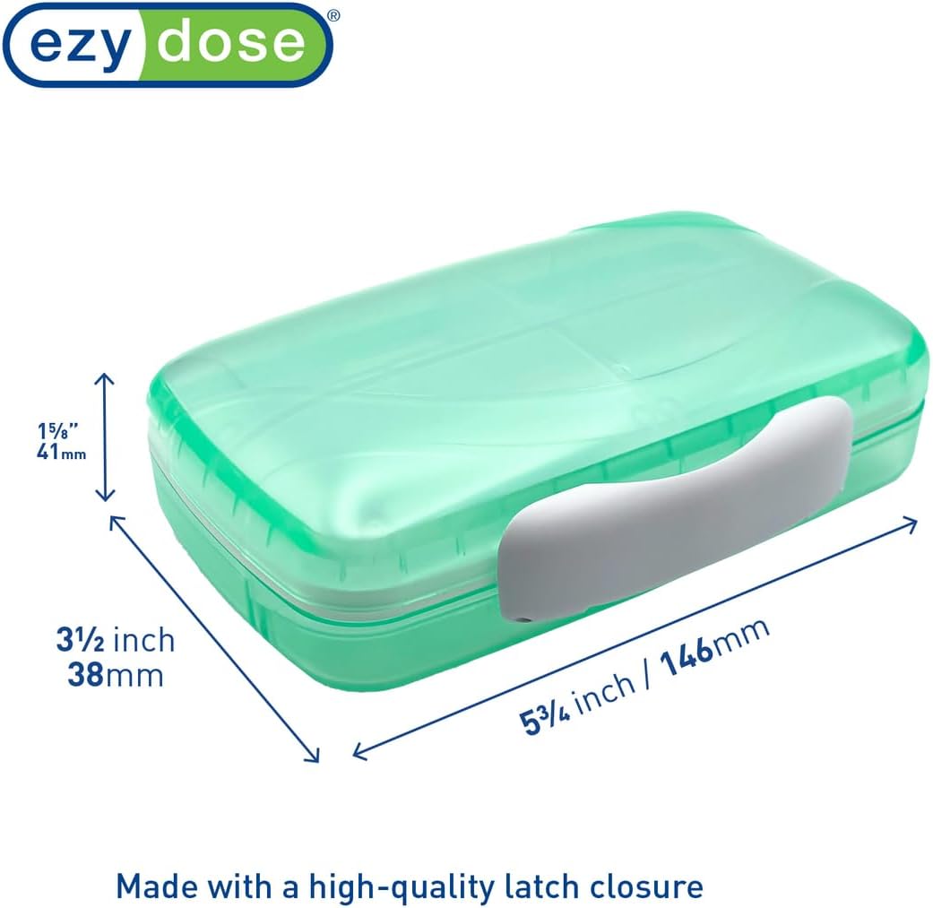 EZY DOSE Moisture-Proof Pill Case, Medicine Planner, Vitamin Organizer Box, Travel-Friendly, Latch-Closure to Secure Contents, 8 Individual Compartments of Multiple Sizes with Tight Seal, Large, Green