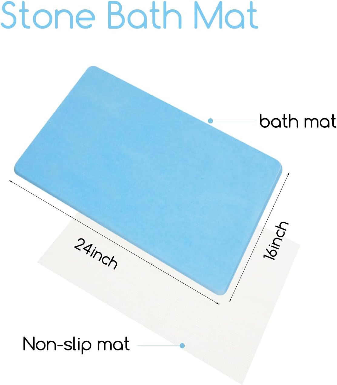 Stone Bath Mat 24"x16" - Diatomaceous Earth Shower Mat, Quick Dry, Anti-Slip, Modern Design with Bonus Non-Slip Pad - Perfect for Home Safety and Style, (Blue)
