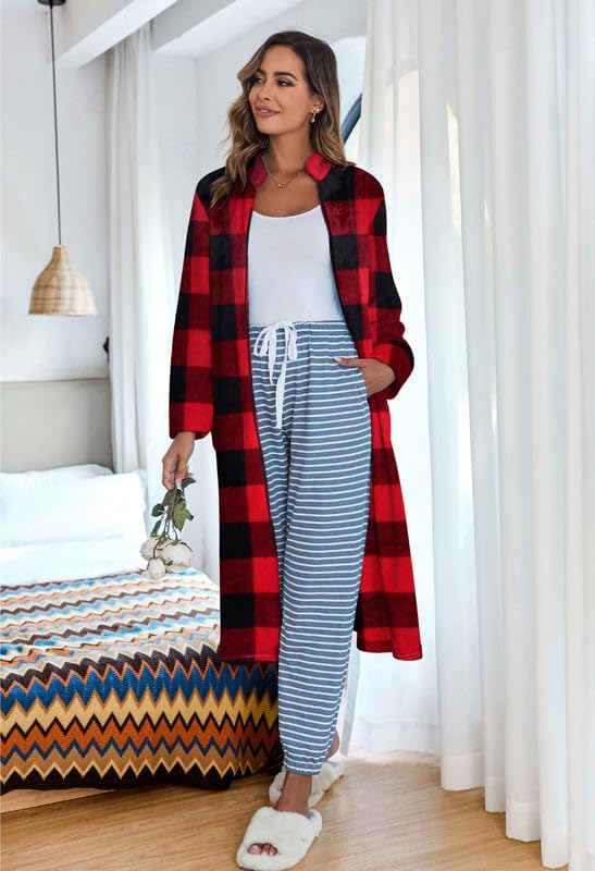 Ekouaer Women's Zip Up Robe Fleece Bathrobe Long Zipper Lounger Warm Housecoat Long Sleeve Nightgown with Pockets S-XXL