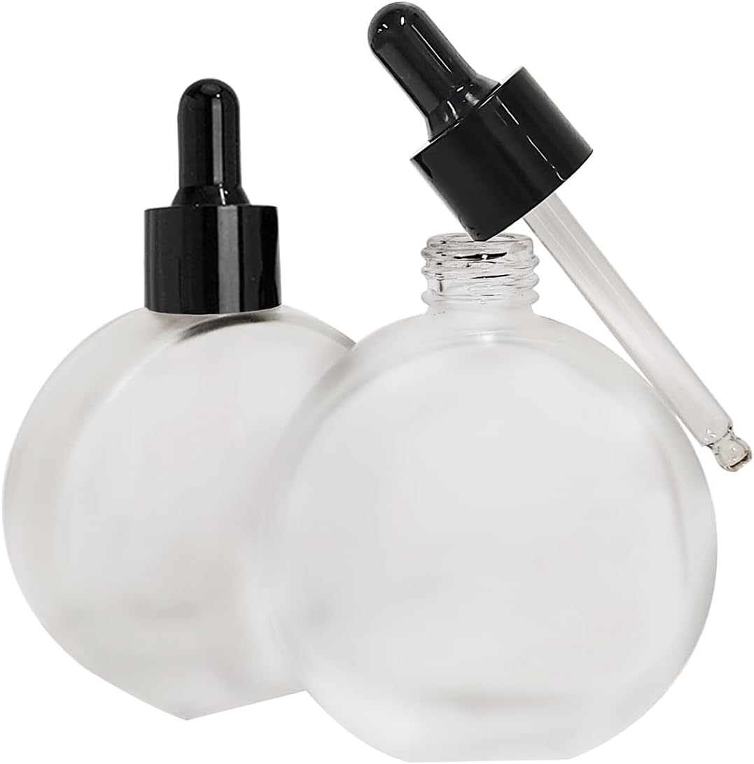 6Pcs,2 oz Frosted Glass Dropper Bottles for Essential Oils,60ml Flat Round Perfume Bottle,for Essential Oils, Perfumes,Serums - Leakproof for Travel (Clear Frosted)