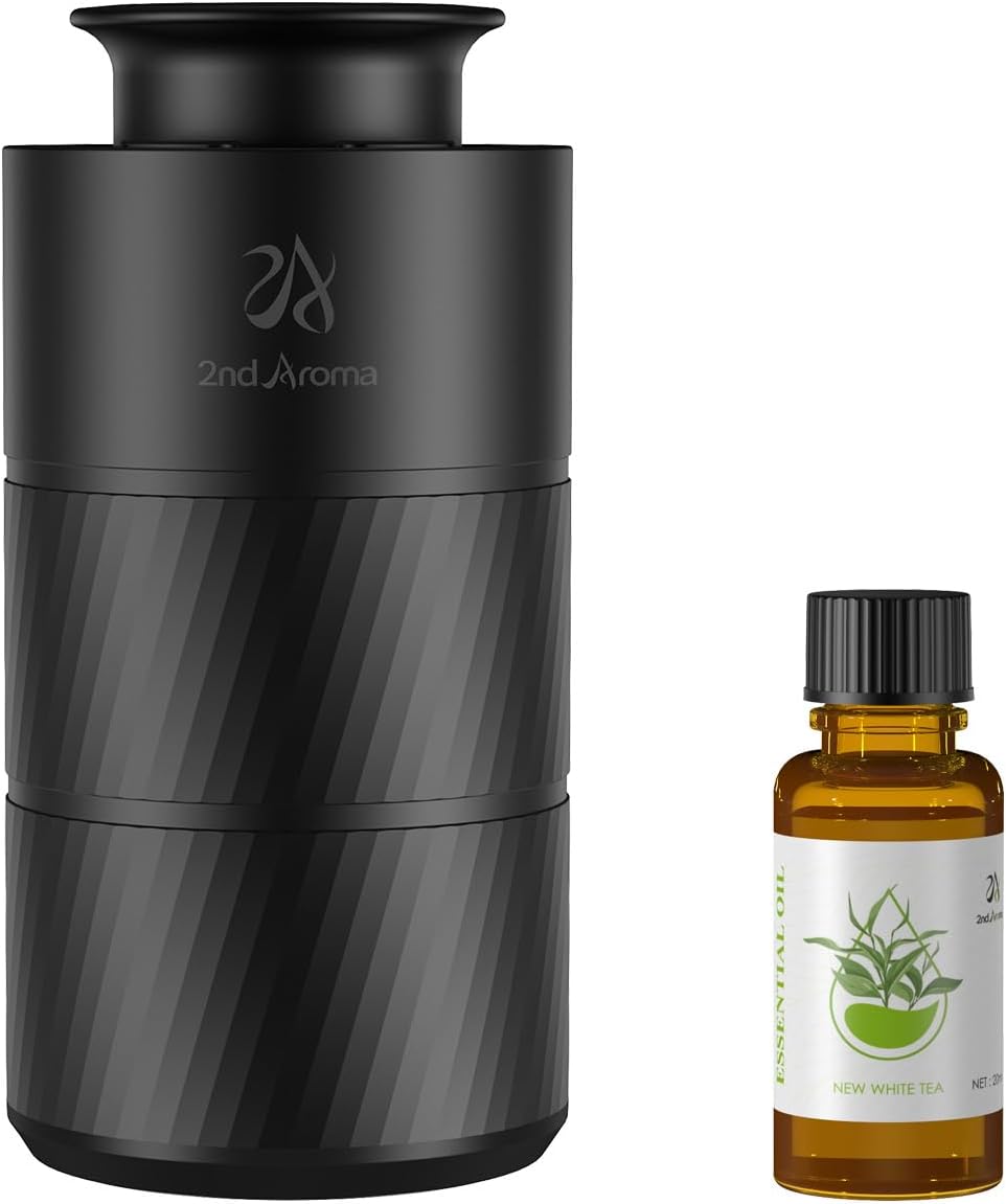 Waterless Essential Oil Diffuser, Aluminum Rechargeable Battery Operated Diffuser, 3 Timer Settings, 3 Mist Levels, 20ml Essential Oil Include, Black Mini Diffuser for Car Home Office Travel