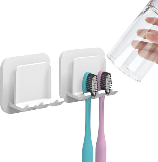 2 PCS Self-Adhesive Toothbrush Holders Wall Mounted, Water Proof Toothbrush Hook, 2 in 1 with Toothbrush Hanger and Gargle Cup Holder for Bathroom Shower (White)
