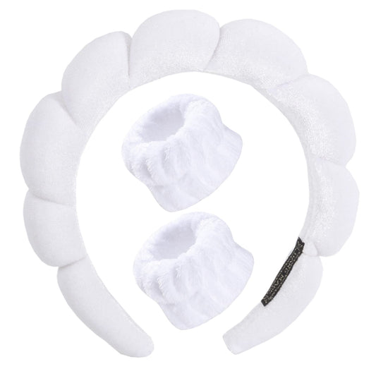 Luckybear Spa Headband for Face Washing, Velvet Makeup Headband with Face Wash Wristbands - White