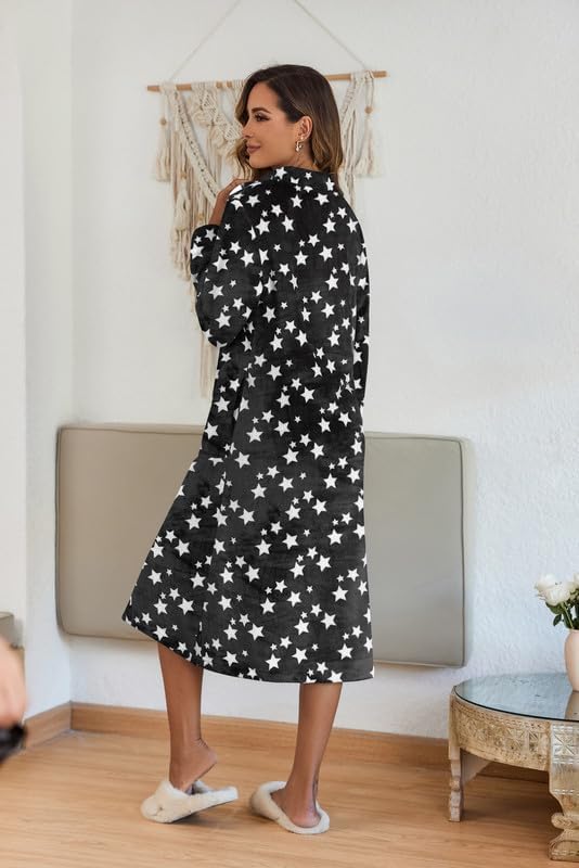 Ekouaer Women's Zip Up Robe Fleece Bathrobe Long Zipper Lounger Warm Housecoat Long Sleeve Nightgown with Pockets S-XXL