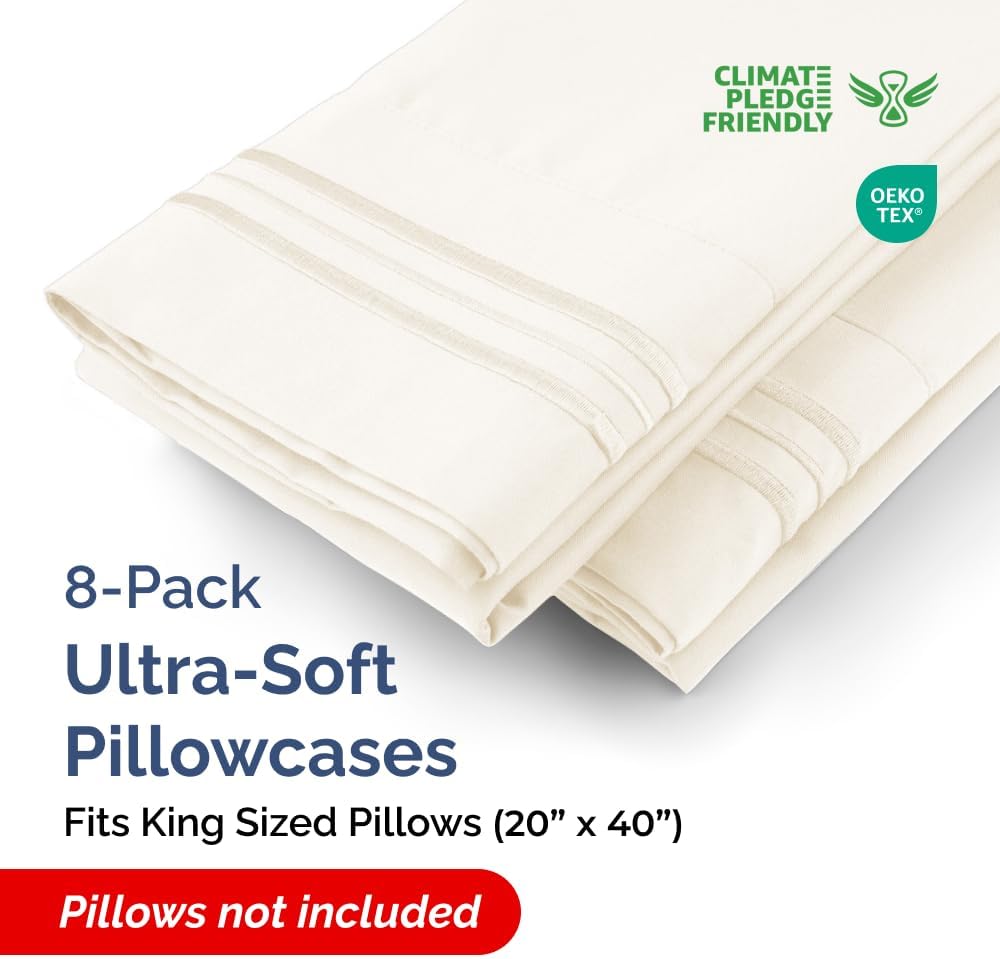 King Pillow Cases Set of 8 - Ultra Soft Hotel Quality Pillowcase Covers - Comfy. Cozy & Wrinkle Free - Shrink, Stain and Fade Resistant - Machine Washable Pillow Protectors - 8 Piece Set - Off White