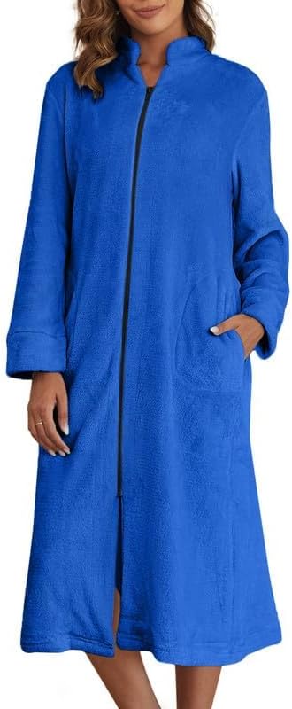 Ekouaer Women's Zip Up Robe Fleece Bathrobe Long Zipper Lounger Warm Housecoat Long Sleeve Nightgown with Pockets S-XXL