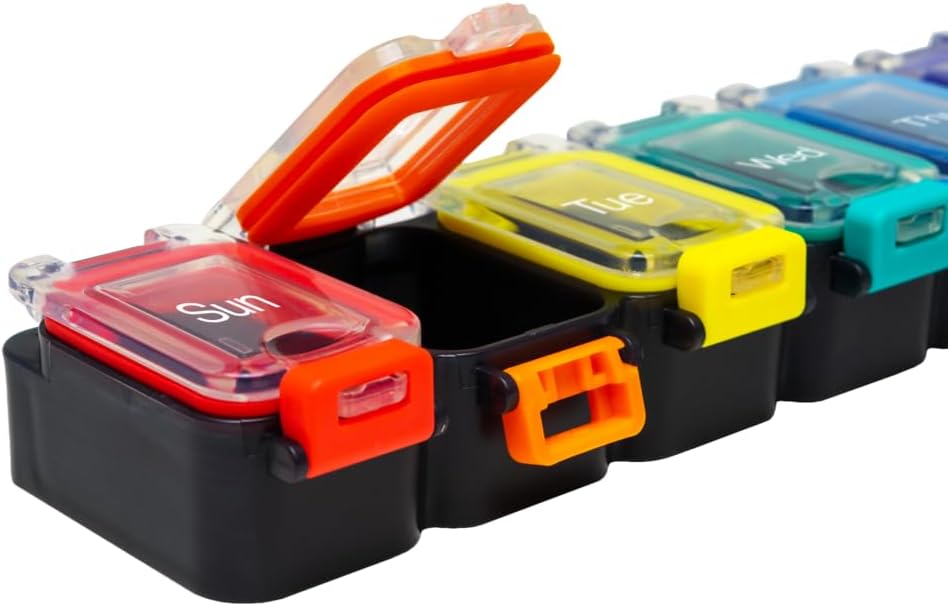 EZY DOSE Weekly (7-Day) Daily Pill Planner, Medicine Case, Vitamin Organizer Container, Waterproof Locking Compartments to Secure Prescription Medication and Prevent Accidental Spilling, Rainbow