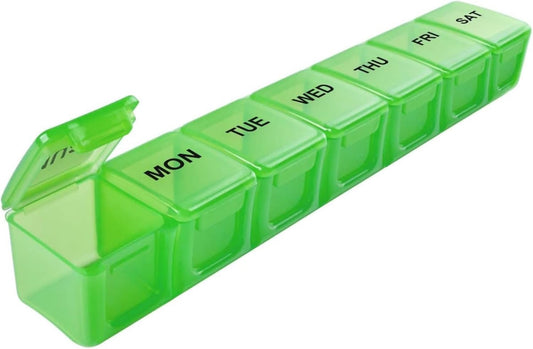 Sukuos Extra Large 7 Day Pill Organizer Easy to Open, Weekly Pill Box Daily Medicine Case with Clear Lid, Silkscreen Printed Vitamin Holder for Fish Oils or Supplements (Green)
