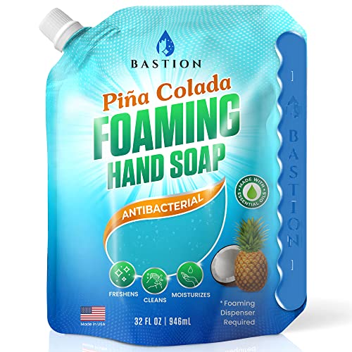 Bastion Foaming Hand Soap Refills: 32oz Pouch Pina Colada Scented Antibacterial Instant-Foam Bulk Hand Wash