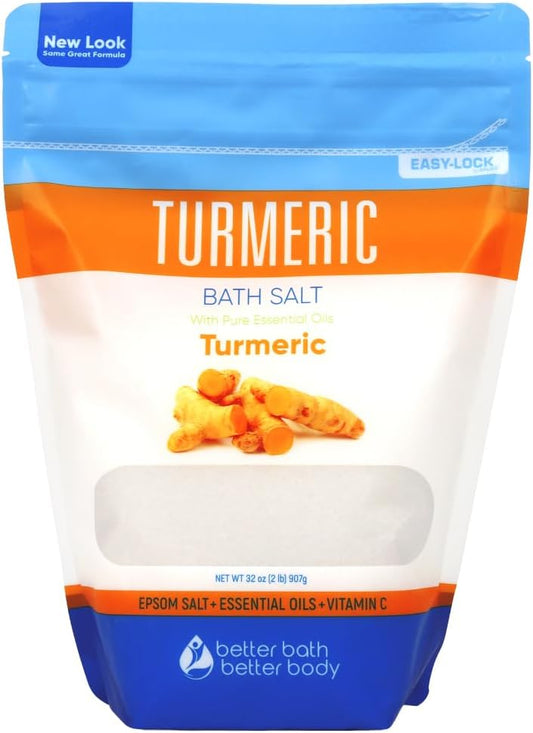 Turmeric Bath Salt 32 Oz Epsom Salt with Essential Oils Turmeric, Cinnamon, Orange Plus Vitamin C in BPA-Free Pouch with Easy Press-Lock Zipper | Natural Bath Soak to Relieve & Soothe | Made in USA