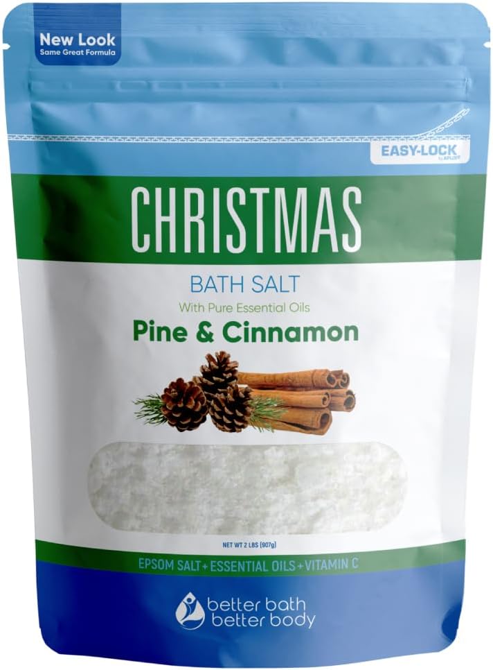 Christmas Bath Salt 32 Ounces Epsom Salt with Natural Pine, Cinnamon, Peppermint, Clove and Orange Essential Oils Plus Vitamin C in BPA Free Pouch with Easy Press-Lock Seal