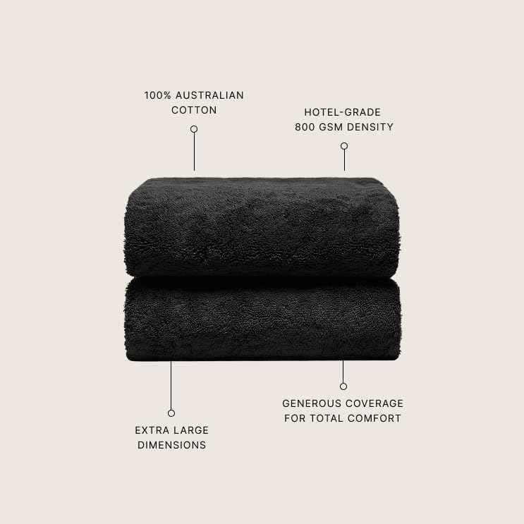Italic Ultraplush 100% Australian Cotton Towels - Set of 2 Luxury Bath Towels, Quick Dry Plush and Absorbent, Heavy Duty Large Bath Towels, 800GSM Towels for Bathroom & Spa (Black)