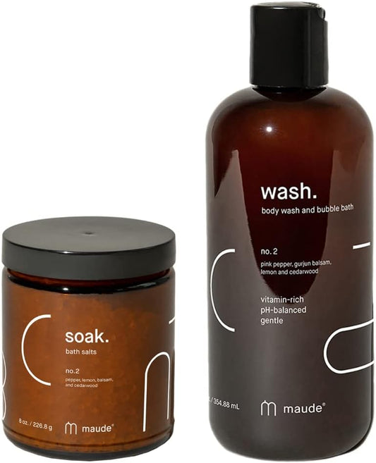 Maude No. 2 Bathtime Bundle - Soak Mineral Bath Salts with Hand-Harvested Dead Sea Salt Crystals and Vitamins (8 oz) + pH Balanced Gentle Body Wash Bubble Bath with Vitamin B3, B5, C, and E (12 oz)