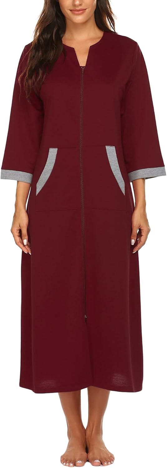 Ekouaer Women Zipper Robe 3/4 Sleeves Loungewear Dress Full Length Sleepwear Pockets Housecoat Nightgown Long Bathrobe