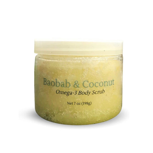 Organic Baobab & Coconut Omega Body Scrub 7oz. Omega rich exfoliator for acne, wrinkles and marks. Vegan, Gluten/Phthalates/Parabens Free. Made in USA.