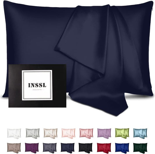 INSSL Silk Pillowcase for Women, Mulberry Silk Pillowcase for Hair and Skin and Stay Comfortable and Breathable During Sleep (Standard, Navy Blue)