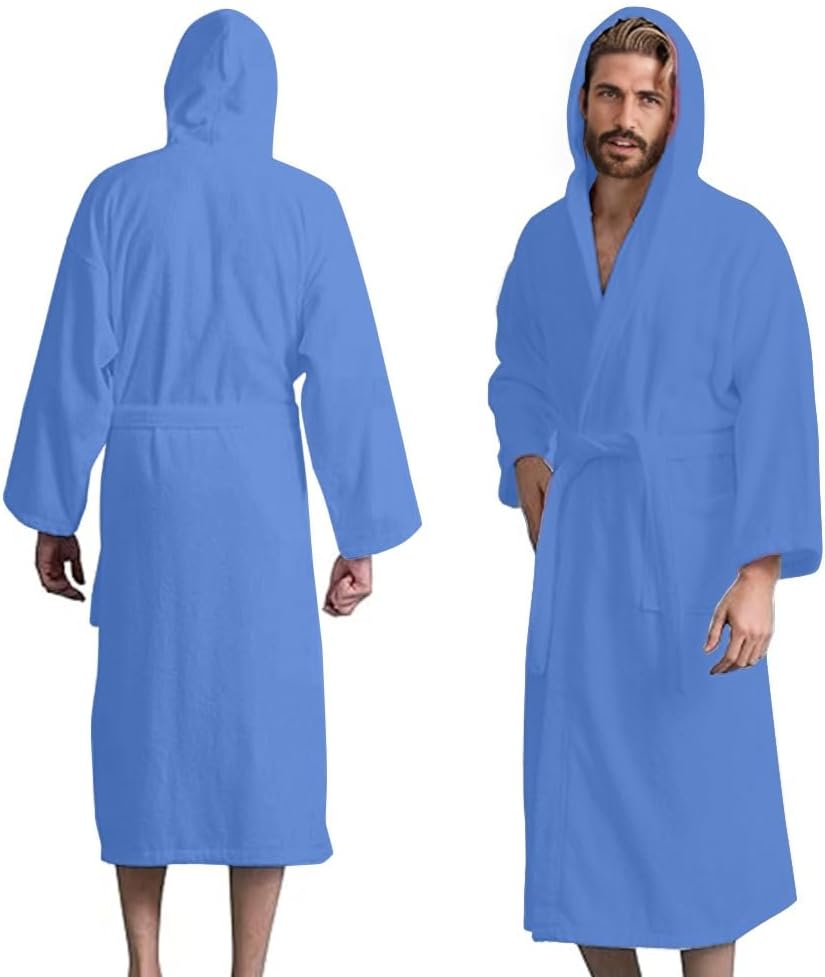 Men’s Hooded Bathrobe, 100% Cotton Terry Bathrobe, Spa Style Bath Robe, Absorbent Shower Robe, Lightweight Towel Bathrobes