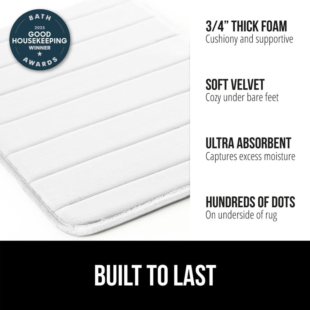 GORILLA GRIP Memory Foam Bath Mat, Soft Absorbent US Designed Bathroom Rug, Gripping Dots Machine Washable Bathmat, Cushioned Floor Mats, Shower Sink Rugs Room Décor Accessories, 36x24 White
