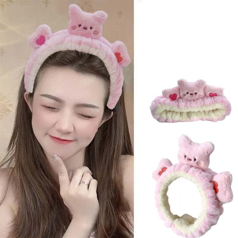 Kawaii Spa Headband - Cute Bear Design for Women's Skin Care, Makeup and Wash - Soft Microfiber Coral Fleece Towel for Girls Hair (Pink, Bear)