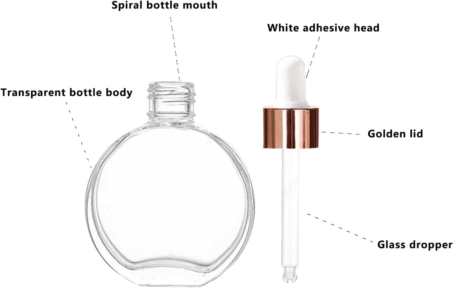 6Pcs,2 oz Glass Dropper Bottles for Essential Oils,60ml Clear flat round perfume bottle with Droppers,for Oils, Perfumes, Serums,Leakproof for Travel (Clear/Rose Gold)