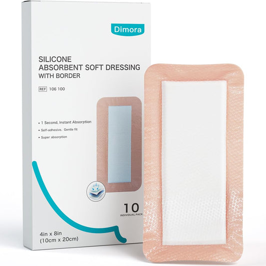 Dimora Silicone Ultra Absorbent Dressing Pads - Adhesive Wound Bandage with Gentle Border, Waterproof Soft Gauze for Post Surgical and Bed Sore Exudate Management 4"X 8" 10 Packs